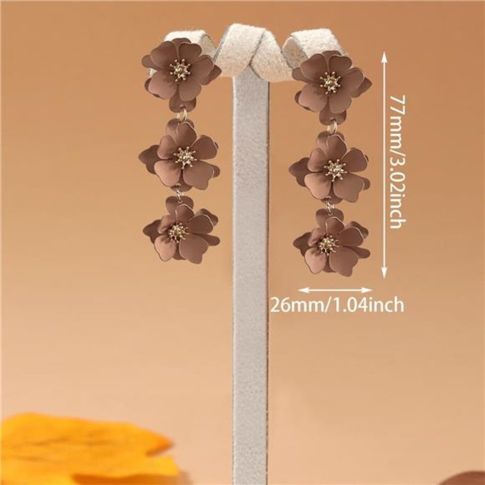 Brown Matte Flower Dangle Earrings Tiered Floral Drop Stud Chandelier Earrings - Picture 5 of 5